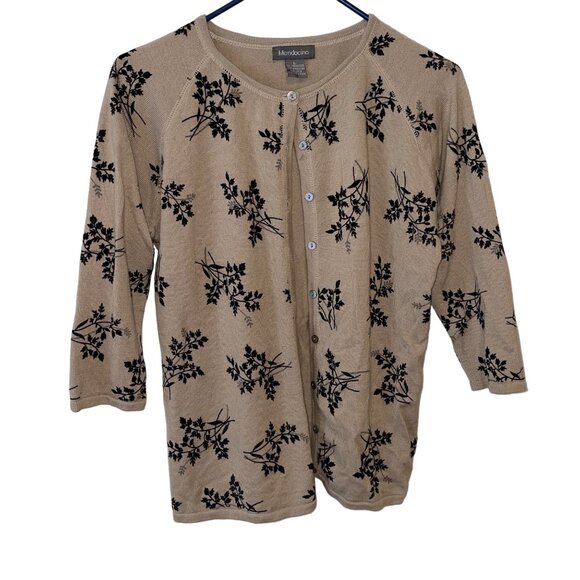 Mendocino Beige & Black Floral Cardigan Sweater Large Merino Wool - Picture 1 of 5